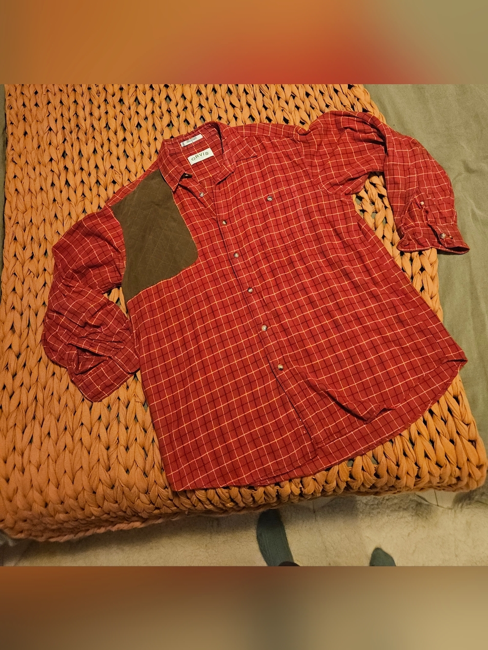 Orvis Flannel Button Up Shirt Shacket With Suede Patch